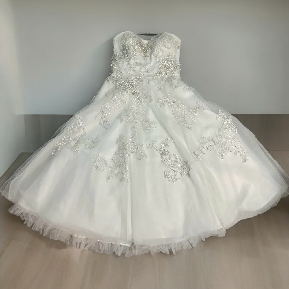 Oleg Cassini | Vintage Enhanced Beading, Strapless, Tea Length Wedding Dress
